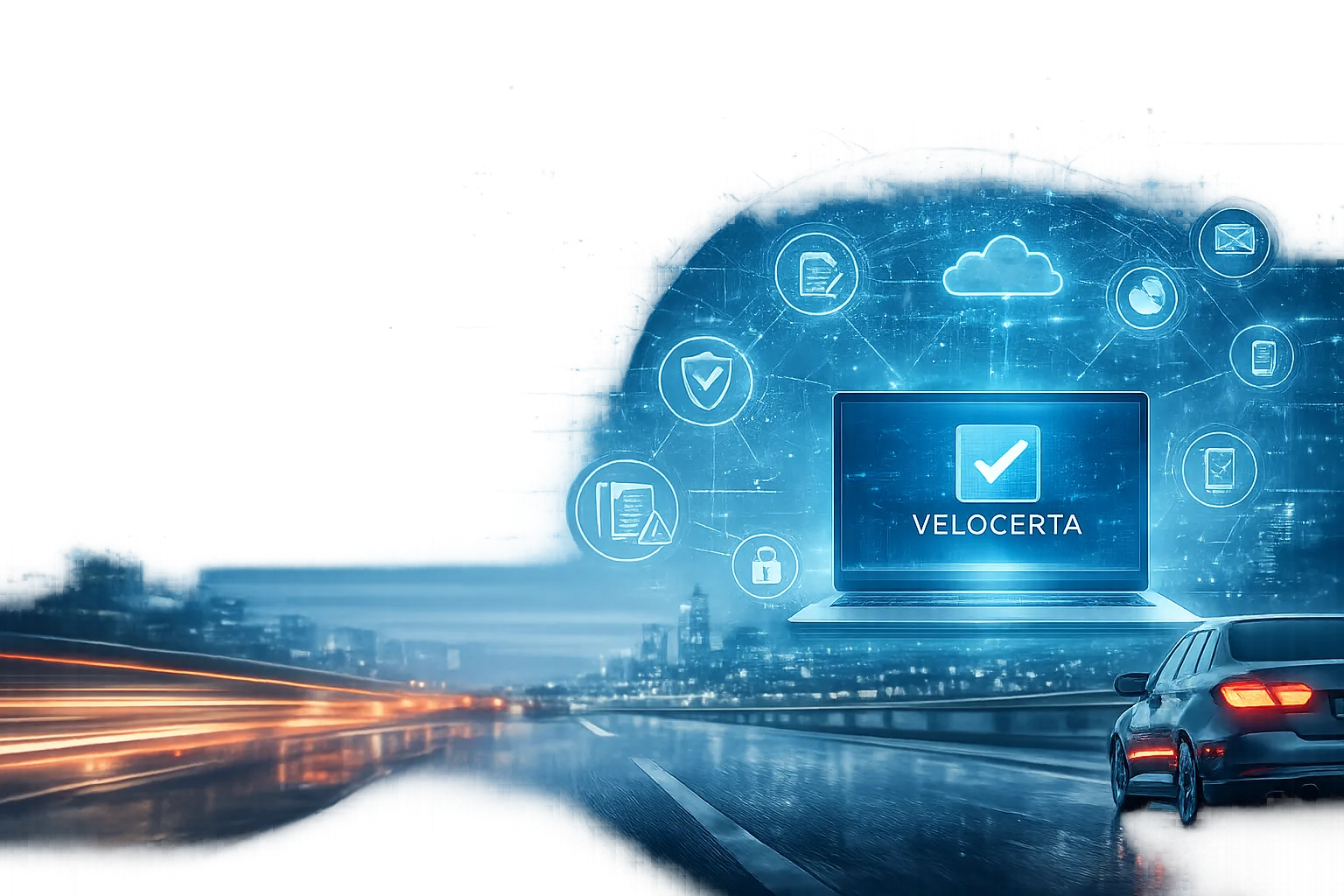 Velocerta compliance platform on a laptop connected to icons for documents, cloud storage, mobile alerts and reporting with a vehicle on a city motorway