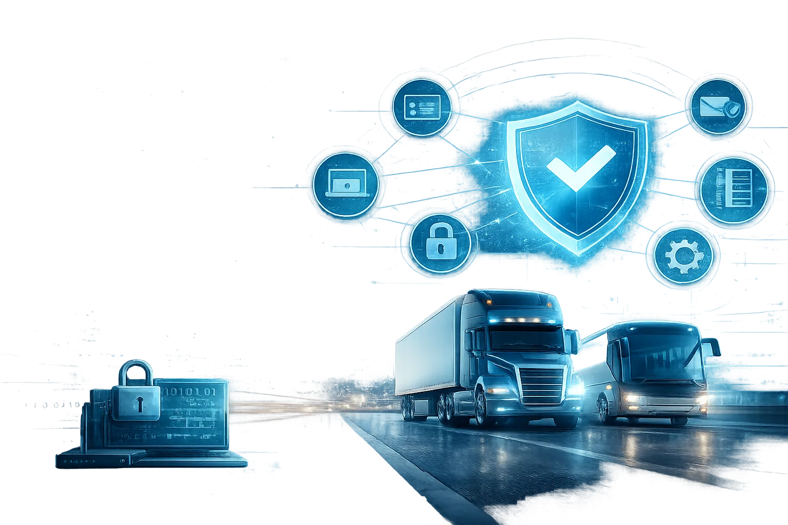 Fleet lorry and coach on a road with a large digital security shield, padlock and data protection icons representing enterprise-grade fleet data security