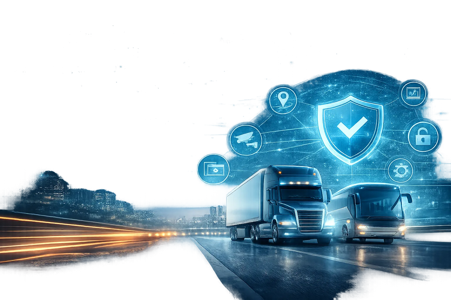 Fleet lorry and coach vehicles on a motorway with digital compliance management and security monitoring icons